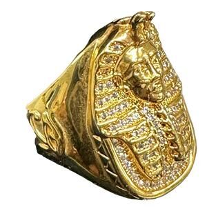 Huge Vintage King Ice Pharaoh Egyptian King Tut Gold Ring Mens 9 Crystal Studded